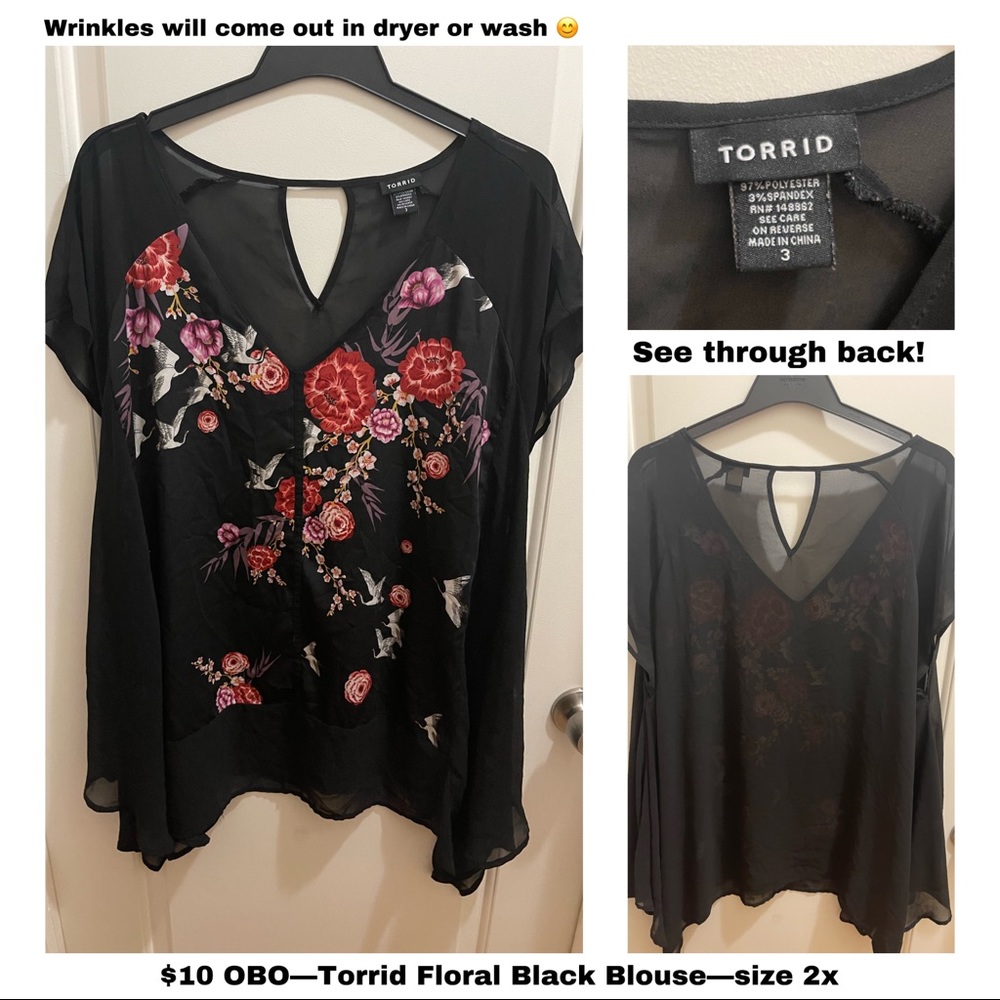 Torrid black floral tunic with sheer back